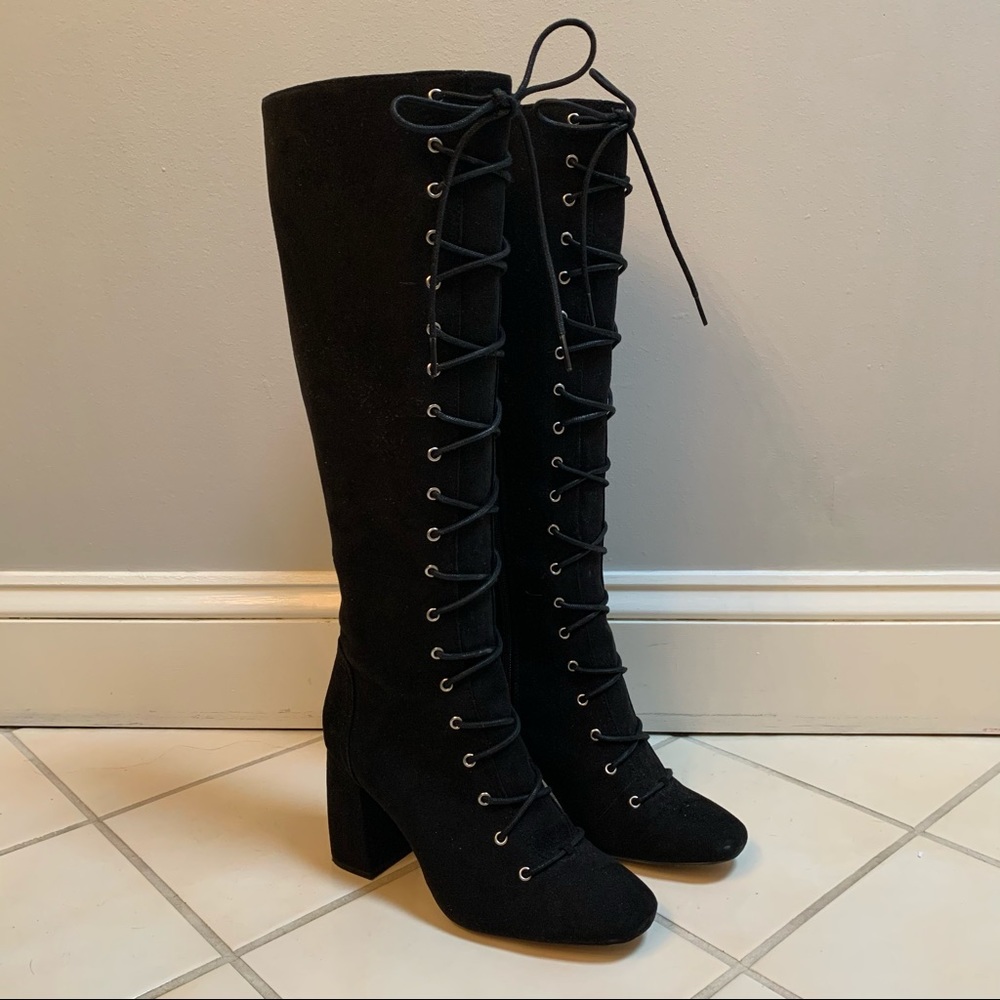 Knee High Lace Up Boots - Black